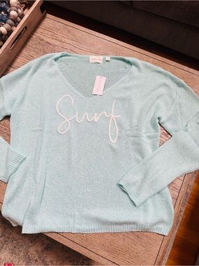 mia & tess Mint 'Surf' V-Neck Sweater